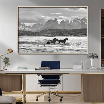 21655040-MGV-CV-36X24-Wild Horses Wall Art Canvas Print, Framed Black White Mountains Art Picture Print, Rustic Countryside Perfect Rustic Western Decor