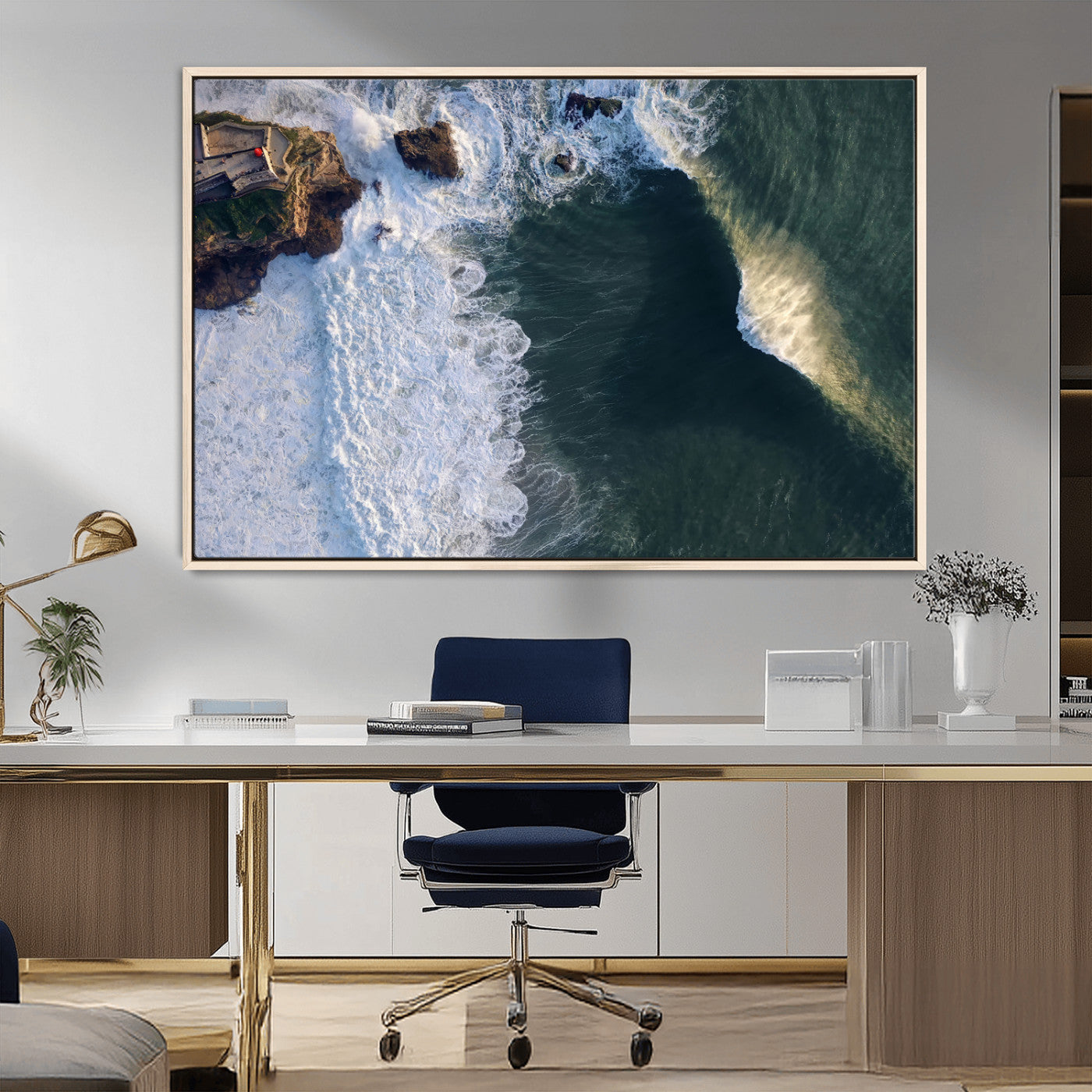 37405684-MGV-FC-36X24_Natural-Nazaré Coast Wall Art Canvas Print, Framed Aerial Ocean Art Picture Print, Coastal Fortress Perfect Dramatic Coastal Decor Artwork