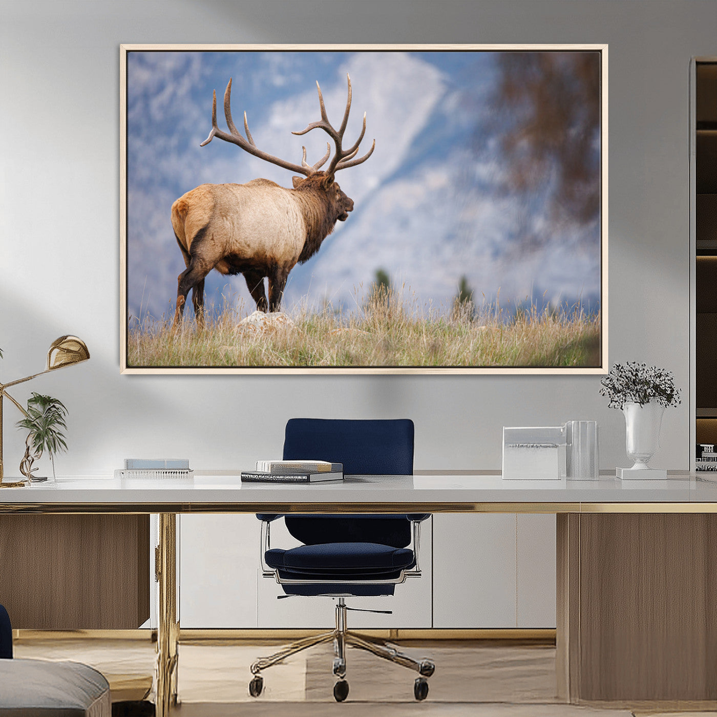 26365841-MGV-FC-36X24_Natural-Mountain Elk Art Wall Art Canvas Print, Framed Rustic Wildlife Print Art Picture Print, Lodge Style Decor Perfect Rustic Lodge