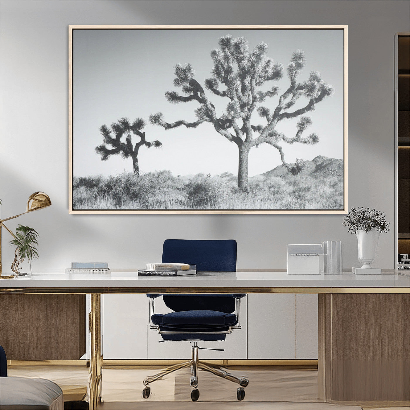 29996209-MGV-CV-36X24-Joshua Tree Art Wall Art Canvas Print, Framed Black White Landscape Art Picture Print, Desert Tree Decor Perfect Southwestern Boho