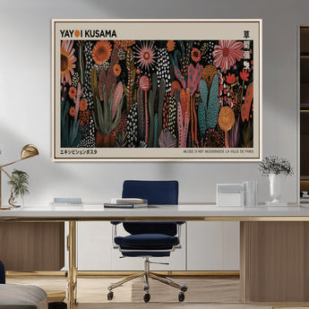 28344895-MGV-CV-36X24-Dark Floral Abstract Wall Art Poster – Modern Botanical Canvas Print with Beige Border, Kusama Inspired Boho Flower Painting,