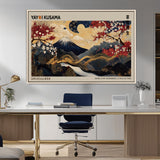 54967195-MGV-CV-36X24-Mount Fuji Wall Art – Japanese Cherry Blossom Abstract Canvas Print, Navy Gold Landscape Painting, Oriental Luxury Home Decor