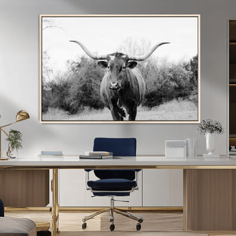 97280319-MGV-CV-36X24-Longhorn Photography Wall Art Canvas Print, Framed Western Cow Decor Art Picture Print, Texas Ranch Style Perfect Rustic Farmhouse