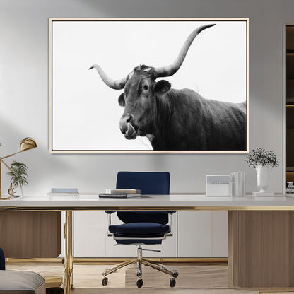 99244177-MGV-FC-36X24_Natural-Longhorn Photography Wall Art Canvas Print, Framed Western Cow Decor Art Picture Print, Black White Bull Perfect Modern Rustic