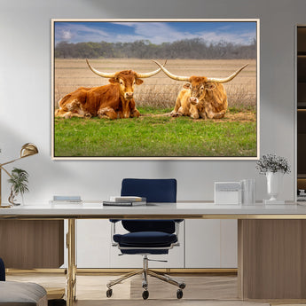 97244565-MGV-FC-36X24_Natural-Longhorn Duo Wall Art Canvas Print, Framed Cozy Ranch Vibes Art Picture Print, Western Ranch Decor Perfect Rustic Farmhouse Decor