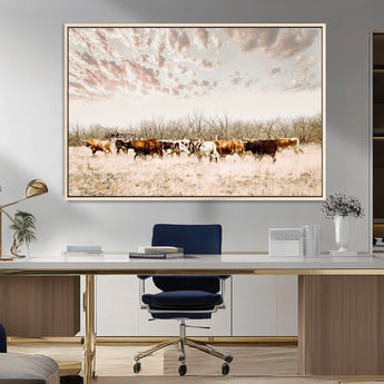 57389417-MGV-FC-36X24_Natural-Cow Herd Photography Wall Art Canvas Print, Framed Rustic Farmhouse Decor Art Picture Print, Western Ranch Style Perfect Rustic