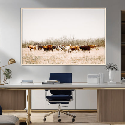 12454132-MGV-CV-36X24-Cow Herd Photography Wall Art Canvas Print, Framed Rustic Farmhouse Decor Art Picture Print, Western Ranch Style Perfect Rustic