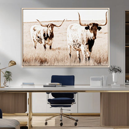 39672786-MGV-FC-36X24_Natural-Rustic Cow Scene Wall Art Canvas Print, Framed Farmhouse Style Cattle Art Picture Print, Prairie Animal Duo Perfect Rustic Western
