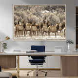 90269422-MGV-FC-36X24_Natural-Elk Herd Scene Wall Art Canvas Print, Framed Rustic Wildlife Decor Art Picture Print, Western Cabin Style Perfect Rustic Lodge