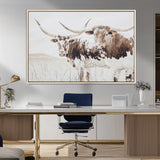 48161868-MGV-CV-36X24-Longhorn Cow Decor Wall Art Canvas Print, Framed Rustic Cattle Art Picture Print, Sepia Western Vibe Perfect Neutral Rustic