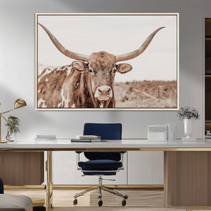 77810049-MGV-FC-36X24_Natural-Longhorn Bull Photo Wall Art Canvas Print, Framed Rustic Cow Decor Art Picture Print, Neutral Farmhouse Style Perfect Rustic