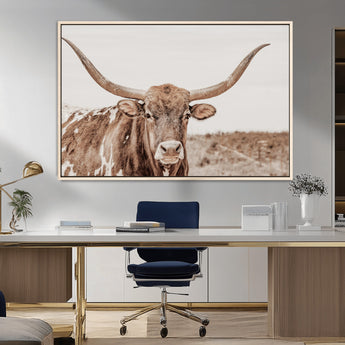 77810049-MGV-FC-36X24_Natural-Longhorn Bull Photo Wall Art Canvas Print, Framed Rustic Cow Decor Art Picture Print, Neutral Farmhouse Style Perfect Rustic
