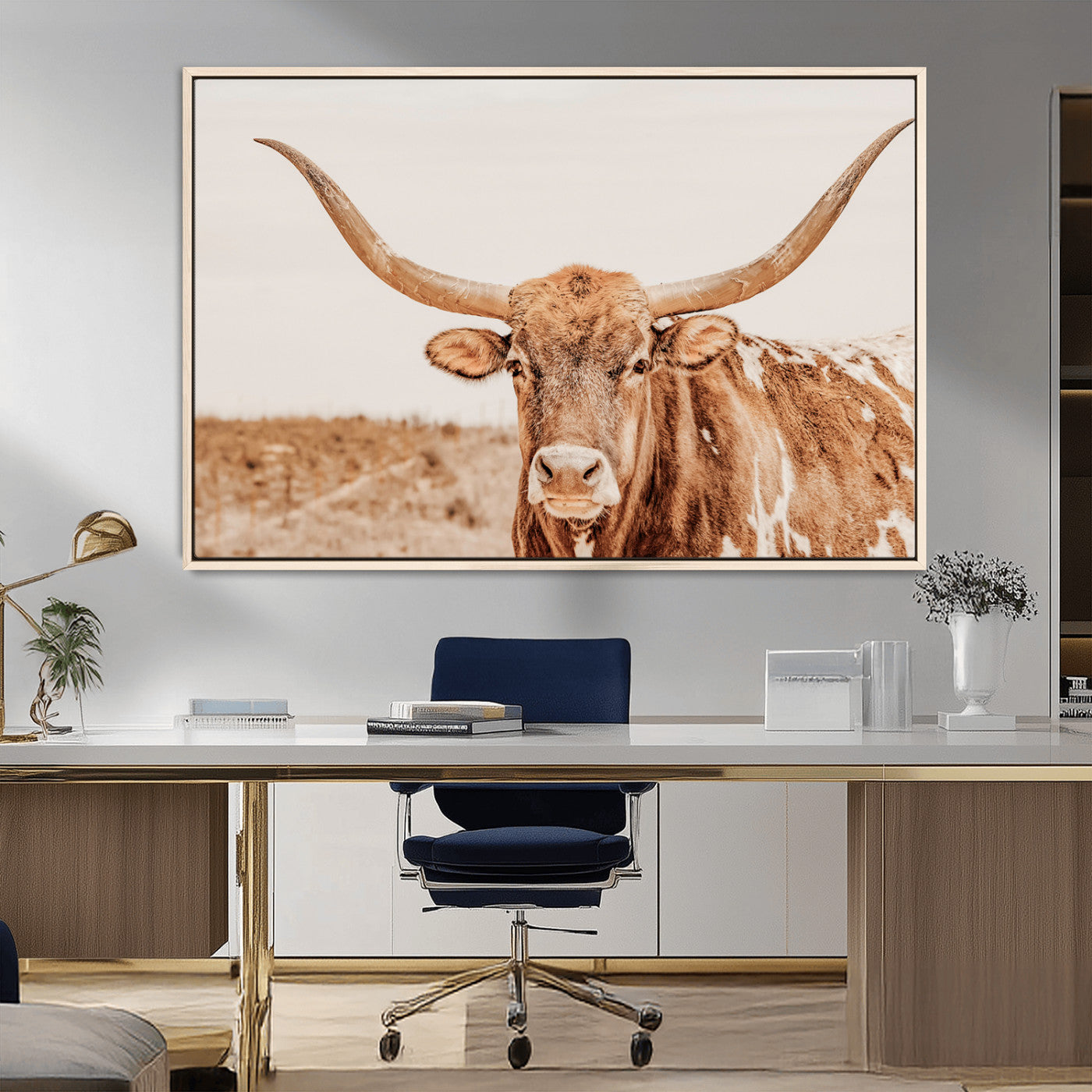 74406977-MGV-CV-36X24-Longhorn Bull Decor Wall Art Canvas Print, Framed Western Cow Theme Art Picture Print, Rustic Farmhouse Wall Perfect Neutral