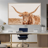 74406977-MGV-CV-36X24-Longhorn Bull Decor Wall Art Canvas Print, Framed Western Cow Theme Art Picture Print, Rustic Farmhouse Wall Perfect Neutral