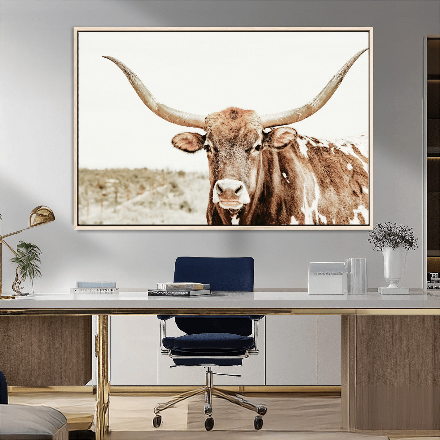 98924580-MGV-FC-36X24_Natural-Texas Longhorn Bull Wall Art Canvas Print, Framed Rustic Farmhouse Decor Art Picture Print, Western Animal Theme Perfect Rustic