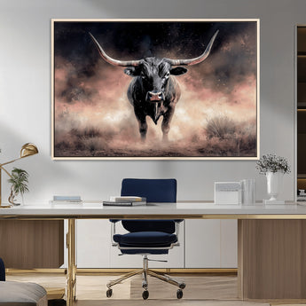 71457818-MGV-FC-36X24_Natural-Longhorn Wall Art Wall Art Canvas Print, Framed Western Bull Canvas Art Picture Print, Rustic Cow Decor Perfect Western Dramatic