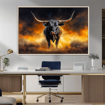 58293979-MGV-CV-36X24-Longhorn Canvas Wall Art Canvas Print, Framed Bold Bull Wall Art Art Picture Print, Western Animal Decor Perfect Western Dramatic
