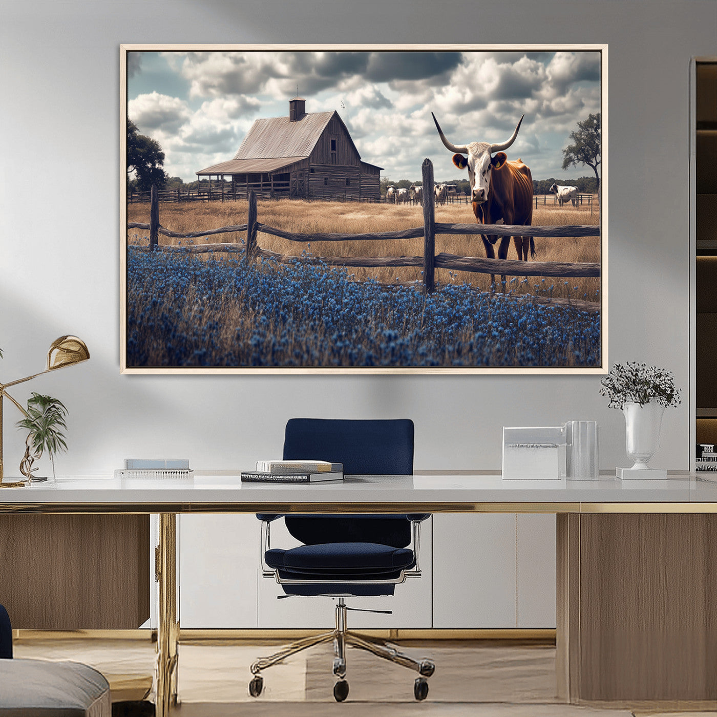 51092814-MGV-CV-36X24-Texas Longhorn Wall Art Wall Art Canvas Print, Framed Rustic Barn Canvas Art Picture Print, Farmhouse Cow Decor Perfect Rustic