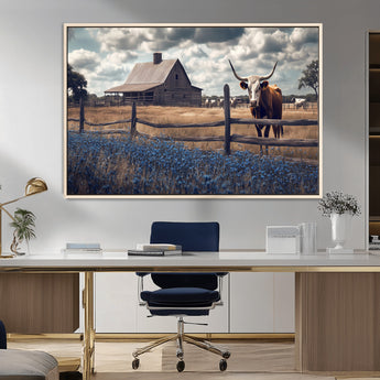 51092814-MGV-CV-36X24-Texas Longhorn Wall Art Wall Art Canvas Print, Framed Rustic Barn Canvas Art Picture Print, Farmhouse Cow Decor Perfect Rustic