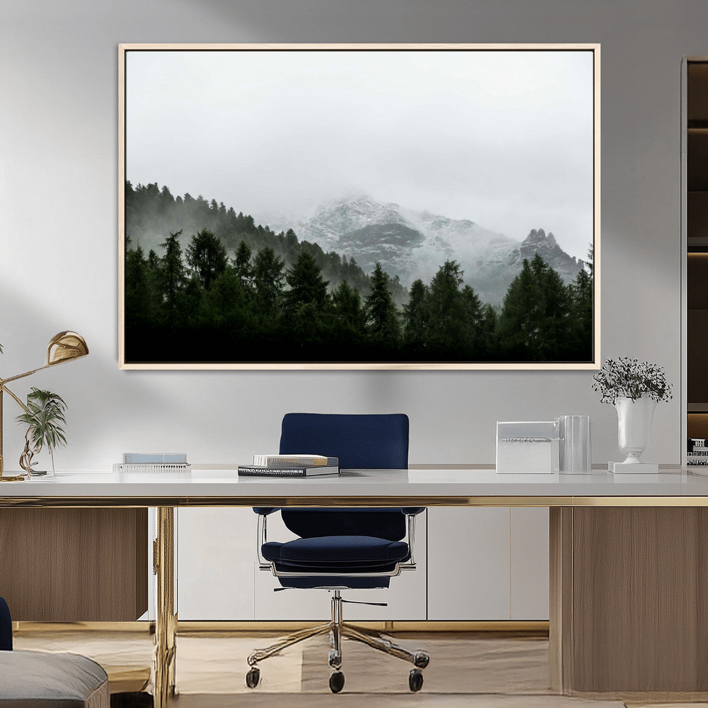 55968349-MGV-FC-36X24_Natural-Misty Mountains Wall Art Canvas Print, Framed Foggy Forest Art Picture Print, Snowy Peaks Perfect Moody Wilderness Decor Artwork