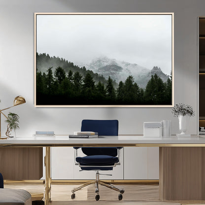 55968349-MGV-FC-36X24_Natural-Misty Mountains Wall Art Canvas Print, Framed Foggy Forest Art Picture Print, Snowy Peaks Perfect Moody Wilderness Decor Artwork