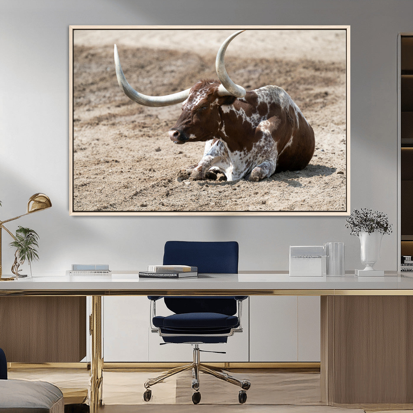 76549210-MGV-CV-36X24-Texas Longhorn Wall Art Canvas Print, Framed Country Living Art Picture Print, Farmhouse Aesthetic Perfect Western Rustic Decor