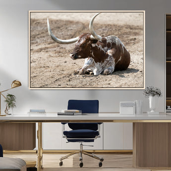 76549210-MGV-FC-36X24_Natural-Texas Longhorn Wall Art Canvas Print, Framed Country Living Art Picture Print, Farmhouse Aesthetic Perfect Western Rustic Decor