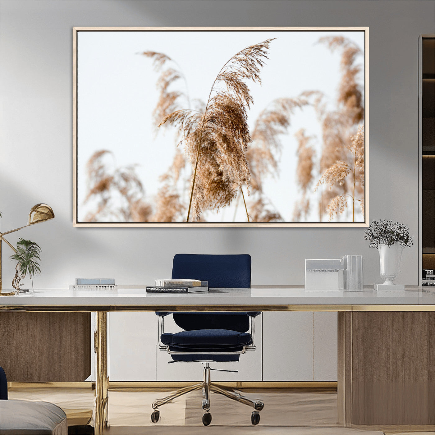 17019393-MGV-FC-36X24_Natural-Pampas Grass Wall Art Canvas Print, Framed Neutral Tones Art Picture Print, Minimalist Nature Perfect Boho Minimalist Decor