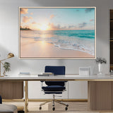 94538225-MGV-FC-36X24_Natural-Beach Sunset Wall Art Canvas Print, Framed Ocean Waves Art Picture Print, Summer Escape Perfect Coastal Serenity Decor Artwork