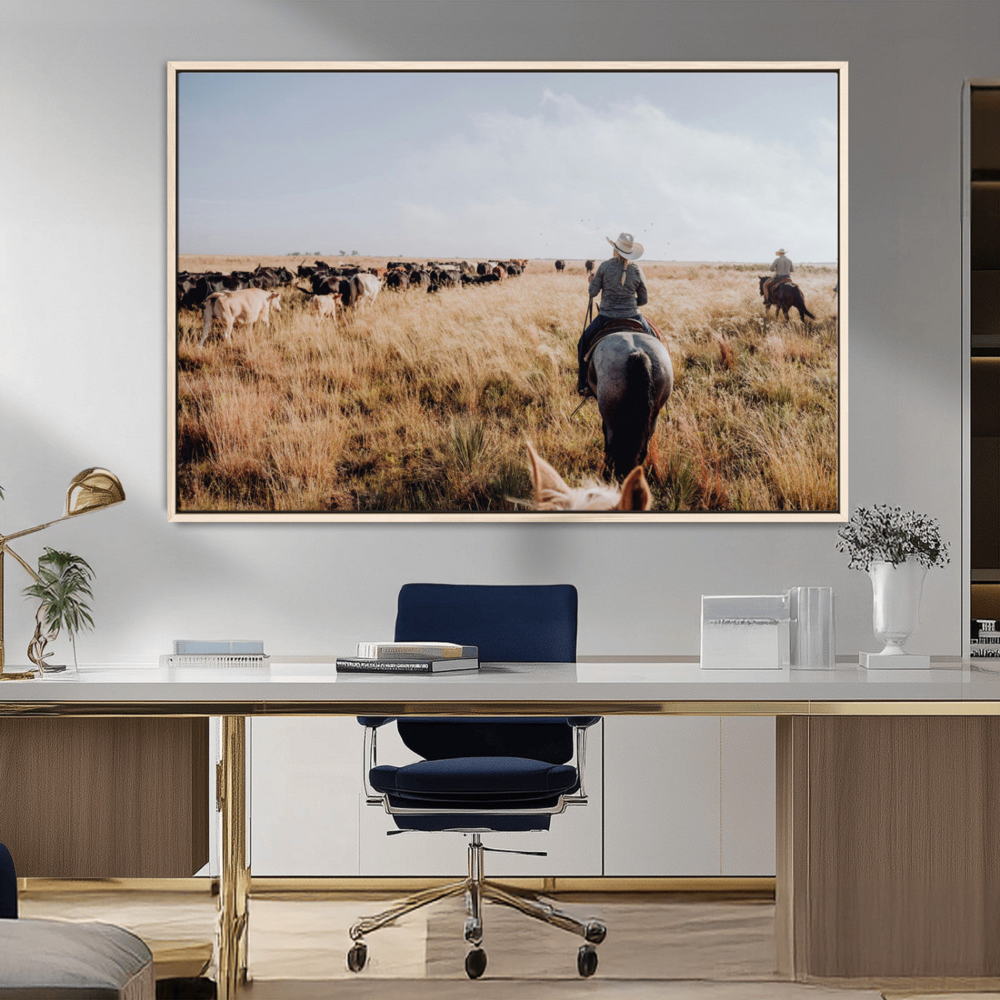 22431577-MGV-FC-36X24_Natural-Western Wall Art Wall Art Canvas Print, Framed Cowboy Canvas Art Picture Print, Cattle Drive Scene Perfect Rustic Western Decor