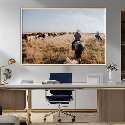 22431577-MGV-FC-36X24_Natural-Western Wall Art Wall Art Canvas Print, Framed Cowboy Canvas Art Picture Print, Cattle Drive Scene Perfect Rustic Western Decor