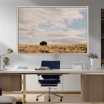22754563-MGV-CV-36X24-Earthy Tones Wall Art Canvas Print, Framed Rustic Nature Art Picture Print, Solitary Buffalo Perfect Western Minimalist Decor