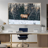 36533178-MGV-FC-36X24_Natural-Wild Elk Photography Wall Art Canvas Print, Framed Winter Wildlife Art Picture Print, Snowy Forest Perfect Rustic Lodge Decor