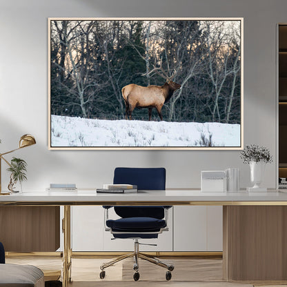36533178-MGV-FC-36X24_Natural-Wild Elk Photography Wall Art Canvas Print, Framed Winter Wildlife Art Picture Print, Snowy Forest Perfect Rustic Lodge Decor