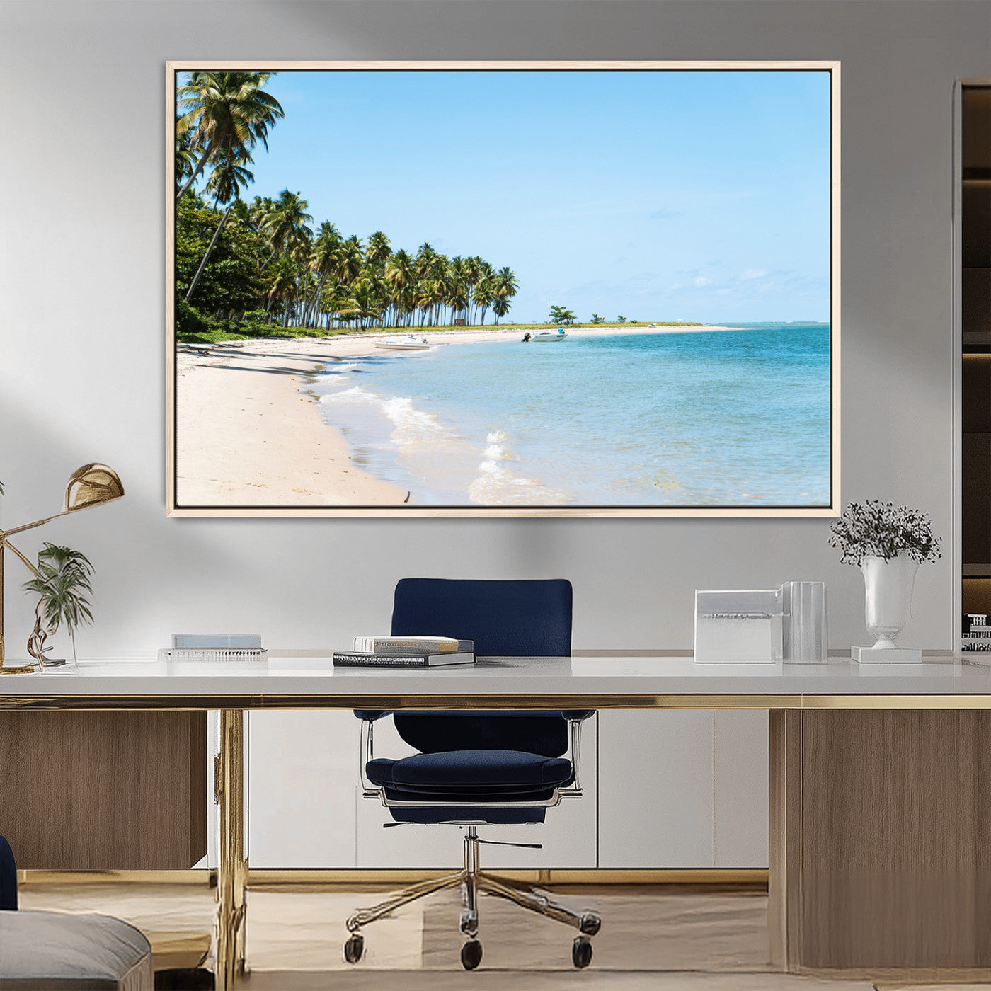 37858872-MGV-CV-36X24-Palm Tree Coast Wall Art Canvas Print, Framed Island Getaway Art Picture Print, Crystal Blue Water Perfect Tropical Coastal Decor