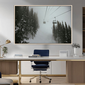 87018452-MGV-CV-36X24-Ski Lift Wall Art Canvas Print, Framed Snowy Pines Art Picture Print, Misty Landscape Perfect Winter Serenity Decor Artwork