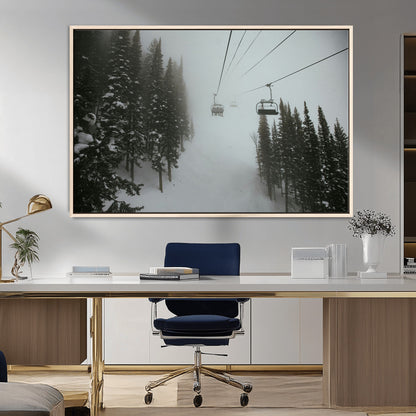 87018452-MGV-CV-36X24-Ski Lift Wall Art Canvas Print, Framed Snowy Pines Art Picture Print, Misty Landscape Perfect Winter Serenity Decor Artwork