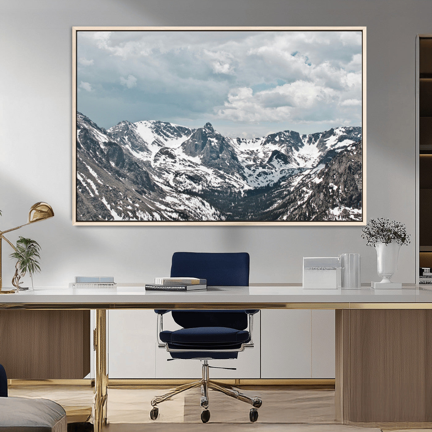 94074619-MGV-FC-36X24_Natural-Snowy Peaks Wall Art Canvas Print, Framed Alpine Wilderness Art Picture Print, Mountain Escape Perfect Winter Serenity Decor