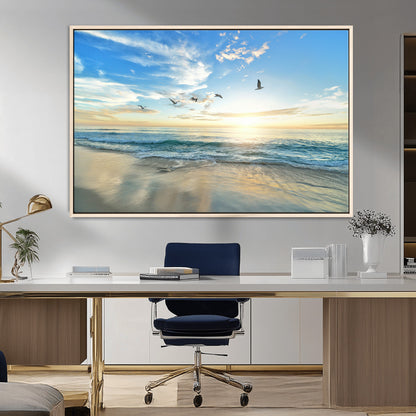 20708696-MGV-CV-36X24-Minimalist Seaside Wall Art Canvas Print, Framed Morning Glow Art Picture Print, Golden Reflections Perfect Coastal Minimalist