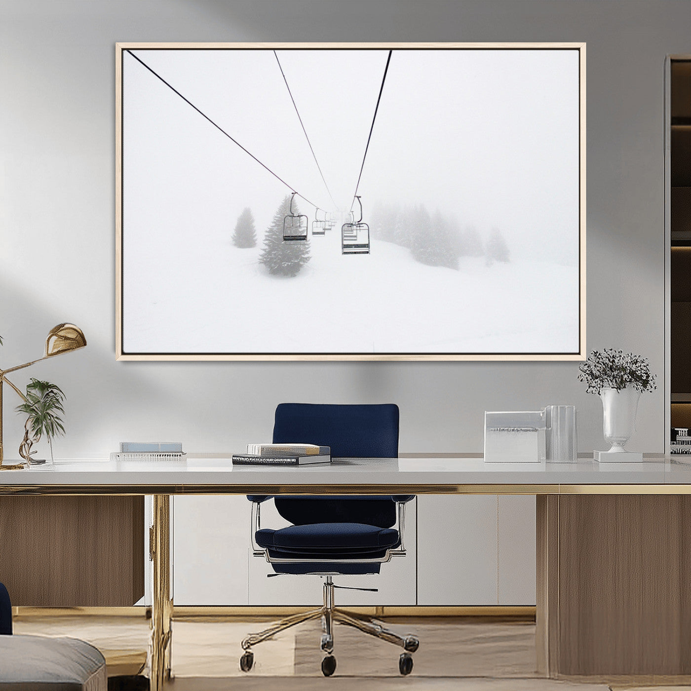 20216390-MGV-CV-36X24-Ski Lift Wall Art Canvas Print, Framed Snowy Landscape Art Picture Print, Alpine Adventure Perfect Nordic Minimalist Decor Artwork