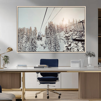 91534512-MGV-CV-36X24-Frosty Pines Wall Art Canvas Print, Framed Cozy Cabin View Art Picture Print, Ski Lift Ride Perfect Rustic Lodge Decor Artwork