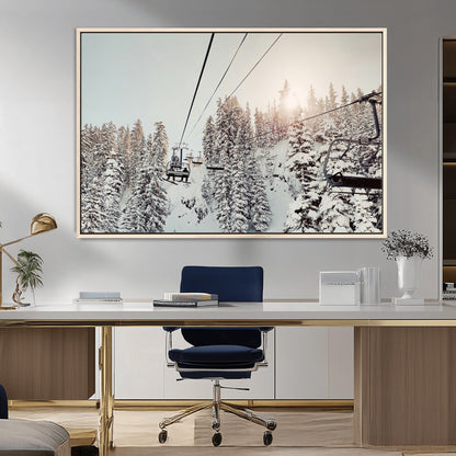 91534512-MGV-CV-36X24-Frosty Pines Wall Art Canvas Print, Framed Cozy Cabin View Art Picture Print, Ski Lift Ride Perfect Rustic Lodge Decor Artwork