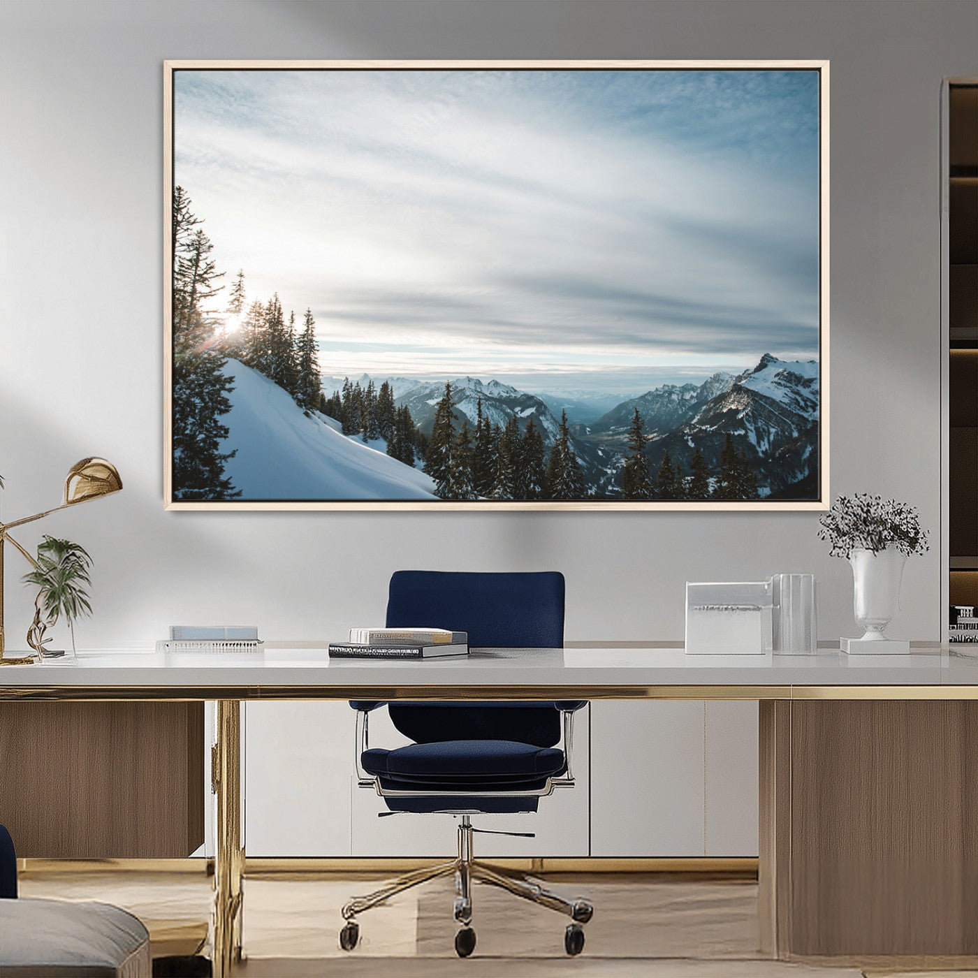 55564749-MGV-CV-36X24-Snowy Mountains Wall Art Canvas Print, Framed Alpine Landscape Art Picture Print, Frosty Peaks Perfect Nordic Minimalist Decor
