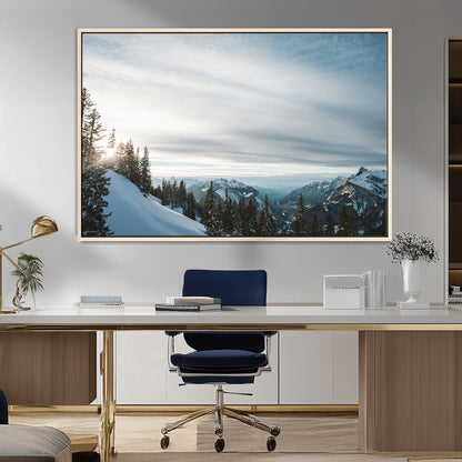 55564749-MGV-CV-36X24-Snowy Mountains Wall Art Canvas Print, Framed Alpine Landscape Art Picture Print, Frosty Peaks Perfect Nordic Minimalist Decor
