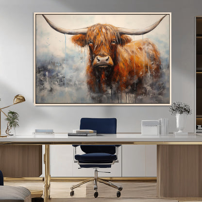 X61001-MGV-FC-36X24_Natural-Scottish Highland Wall Art Canvas Print, Framed Longhorn Art Picture Print, Western Cow Perfect Farmhouse Decor Artwork