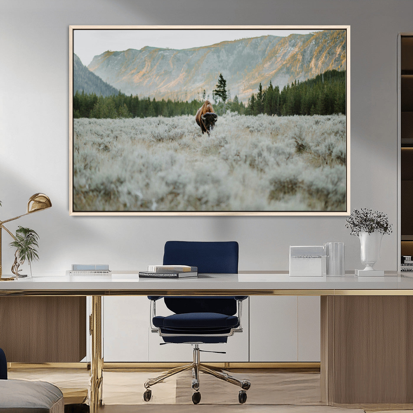 41674074-MGV-CV-36X24-Bison Wall Art – American Buffalo Wildlife Photography Canvas Print, Western Mountain Landscape Artwork Rustic Nature Decor for