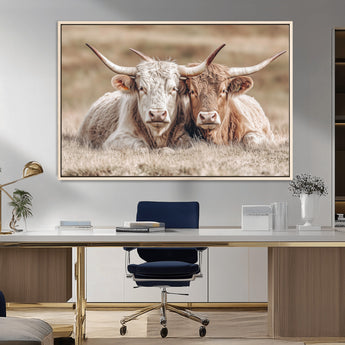38651722-MGV-FC-36X24_Natural-Cow Wall Art – Rustic Longhorn Pair Canvas Print, Western Farmhouse Animal Painting, Country Ranch Decor for Living Room, Bedroom,