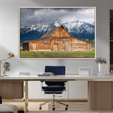 15173627-MGV-FC-36X24_Natural-Barn Wall Art – Rustic Wooden Cabin Canvas Print with Snowy Mountain Landscape, Western Farmhouse Country Decor for Living Room,