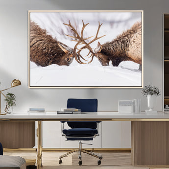 99240306-MGV-CV-36X24-Elk Wall Art – Two Bull Elk Fighting in Snow Canvas Print, Rustic Wildlife Artwork for Cabin, Lodge, Western Farmhouse, Nature &