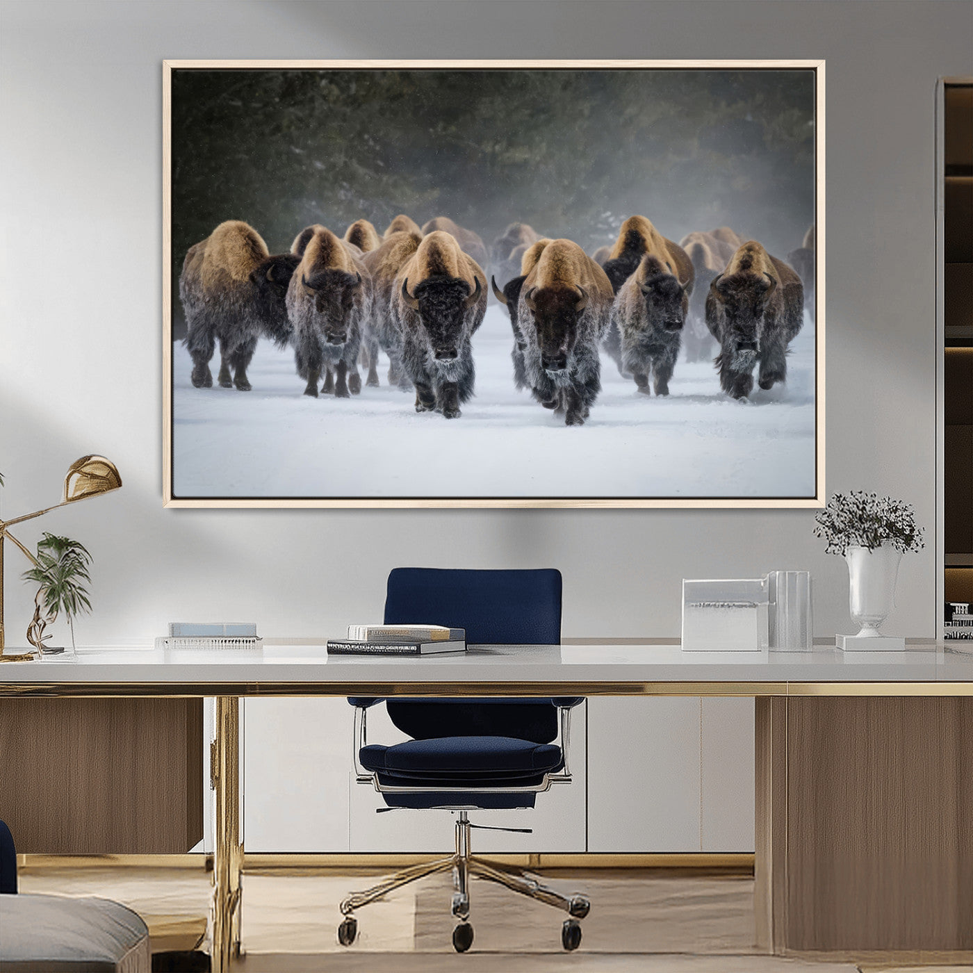 30332489-MGV-CV-36X24-Winter Bison Herd Wall Art – Powerful Buffalo Canvas Print, Rustic Wildlife Photography Decor for Farmhouse, Cabin, Lodge, Living
